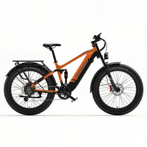 Fat bike électrique orange Dukawey Silvertip8 vu de face, idéal pour les aventures tout-terrain.