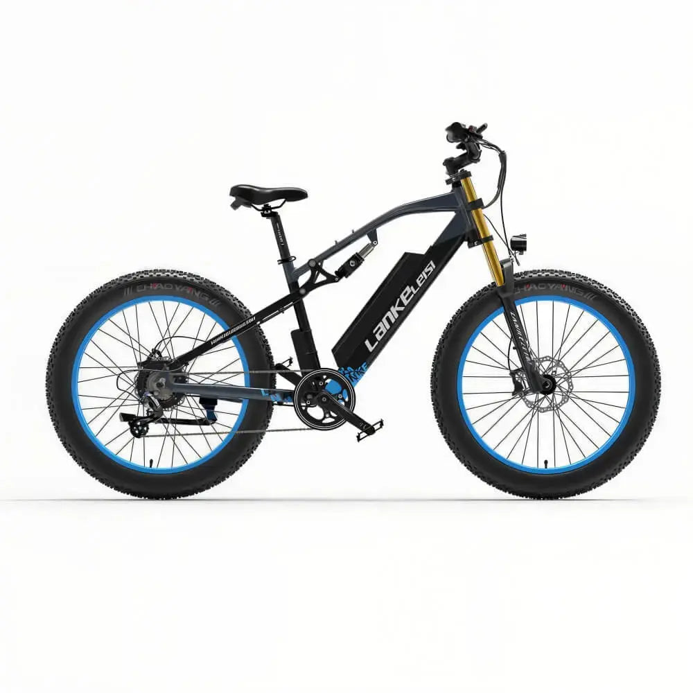 Fat bike électrique bleu LANKELEISI RV700 vu de face, conçu pour les terrains accidentés et les chemins urbains.