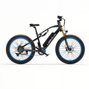 Fat bike électrique bleu LANKELEISI RV700 vu de face, conçu pour les terrains accidentés et les chemins urbains.