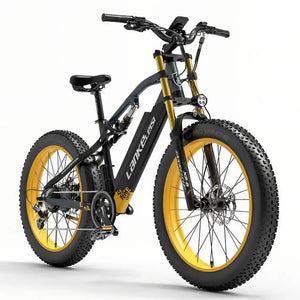 Fat bike électrique jaune LANKELEISI RV700 vu de côté droit, doté de pneus tout-terrain et d’un moteur performant.