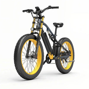Fat bike électrique jaune LANKELEISI RV700 vu de côté gauche, idéal pour les balades en pleine nature.