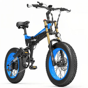 Fat bike électrique LANKELEISI X3000 PLUS-UP bleu vu de côté droit, équipé de pneus tout-terrain et moteur puissant.