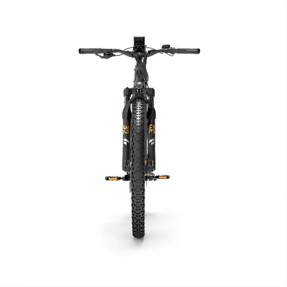 Vélo électrique LANKELEISI MX600 PRO vu de face, idéal pour les terrains accidentés et les chemins urbains.