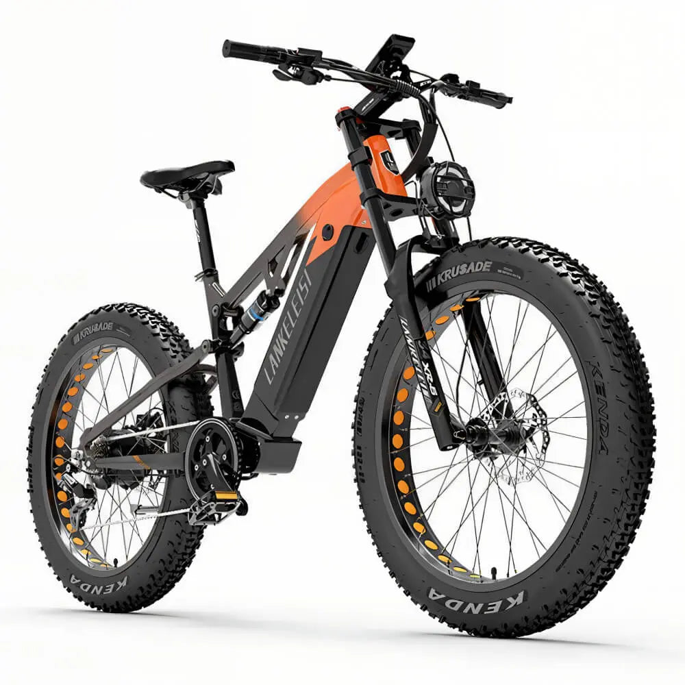 Vélo électrique LANKELEISI orange, vue de côté droit, adapté aux terrains escarpés.