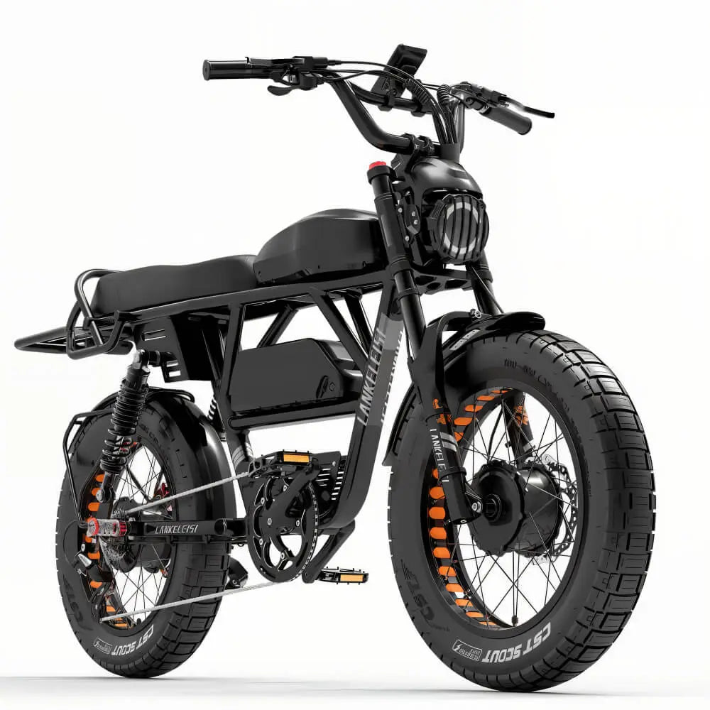 Fat bike électrique noir LANKELEISI X-Black Knight vu de côté droit, avec un design robuste et des pneus larges.